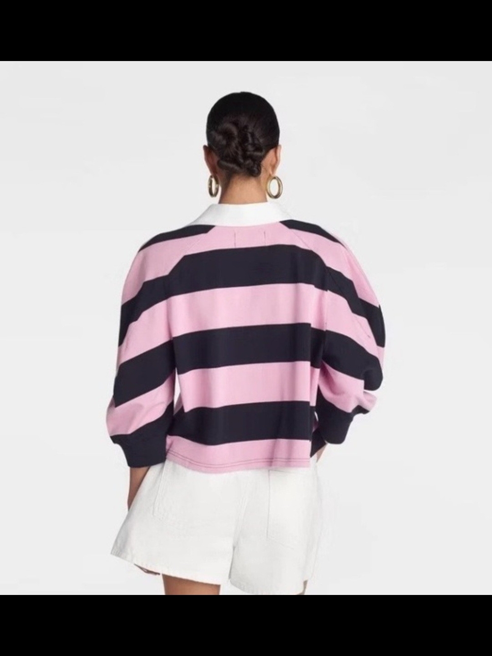 KBB by Khalana Puff-Sleeve Rugby Polo Top - Pink & Navy - Picture 2 of 6